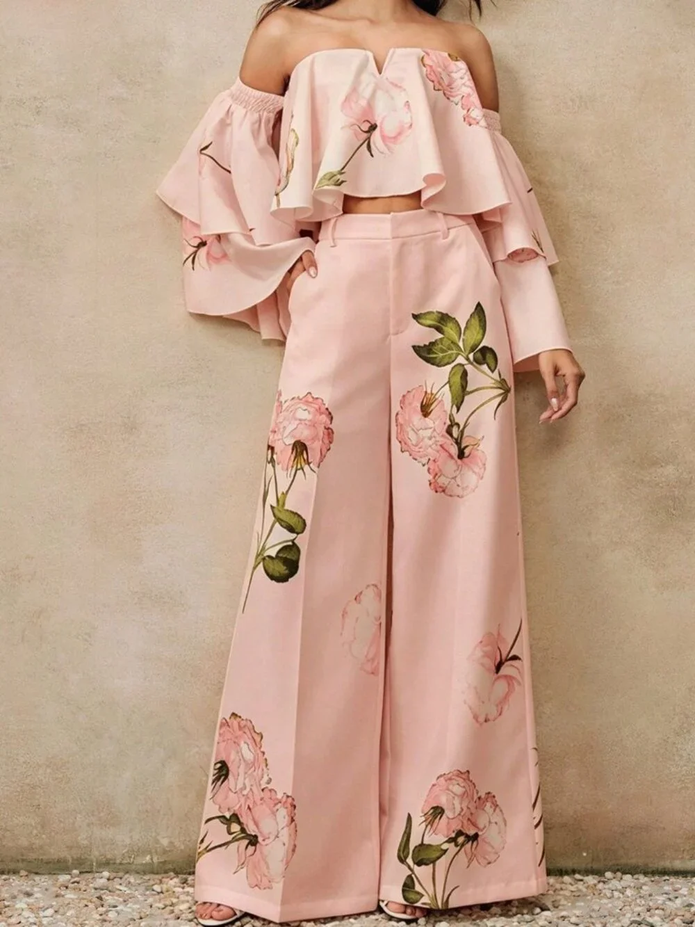 Pink Casual Women's Plants Floral Two Piece Set